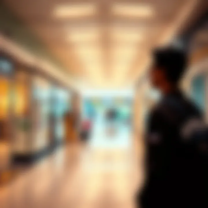 A person standing in a mall looking surprised, with empty spaces in the background, suggesting missing features