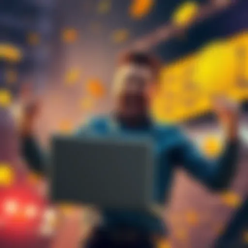 A man joyfully holding a laptop displaying Bitcoin symbols, celebrating after finding lost Bitcoin worth millions.