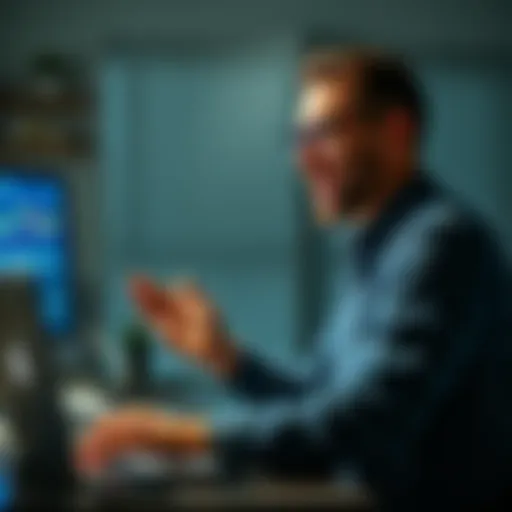 A man speaking animatedly about his cryptocurrency achievements while looking at a laptop, with graphs and charts visible on the screen, suggesting financial success