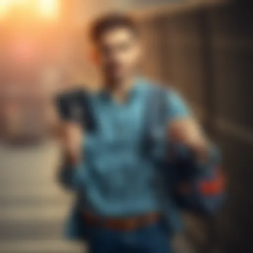 A man in casual attire stands holding a passport in one hand and a key in the other, symbolizing travel and property ownership.