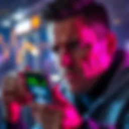 A man looking distressed as he sees his cryptocurrency investment drop, with a digital wallet displayed on his phone in the foreground.