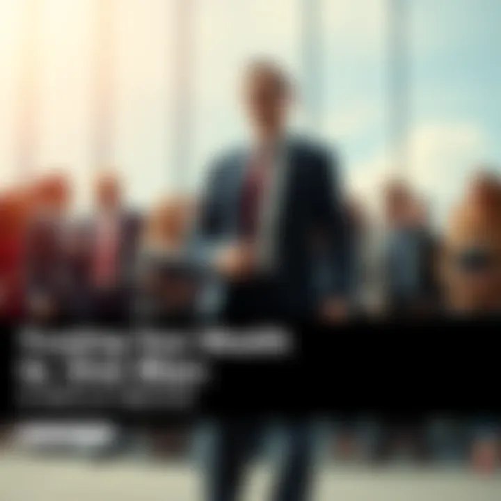 A confident man holding a briefcase, standing in front of a group of people looking up to him for financial guidance.