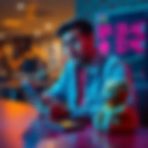 A man sitting at a table, looking thoughtful while holding a smartphone displaying cryptocurrency prices, with a beanie baby on the side, symbolizing past collectibles and future investments.