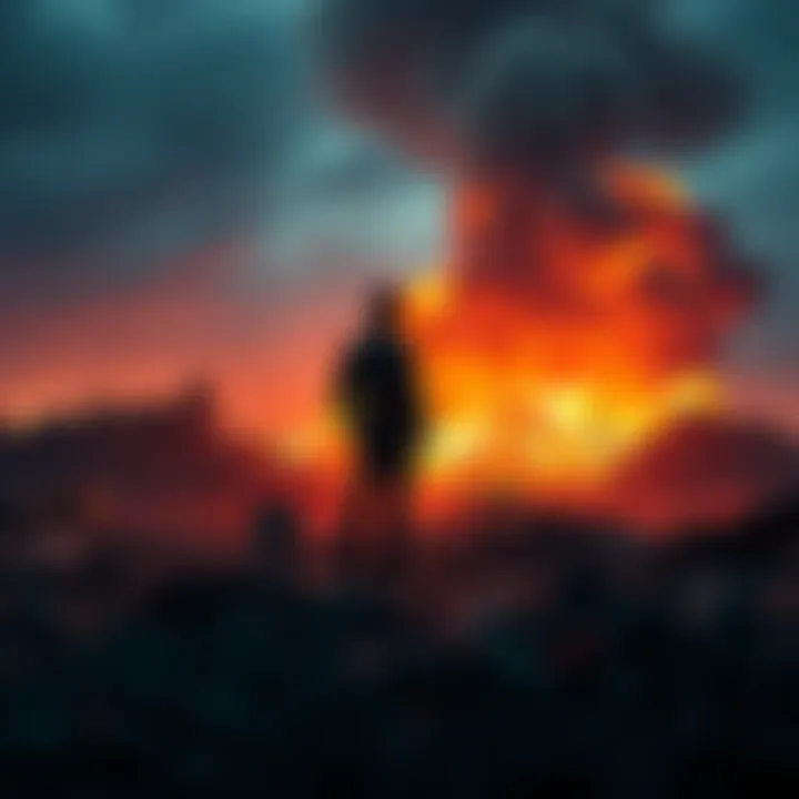 Man standing amidst ruins A solitary man stands amidst the debris of a destroyed area, reflecting on his life after surviving an explosion.