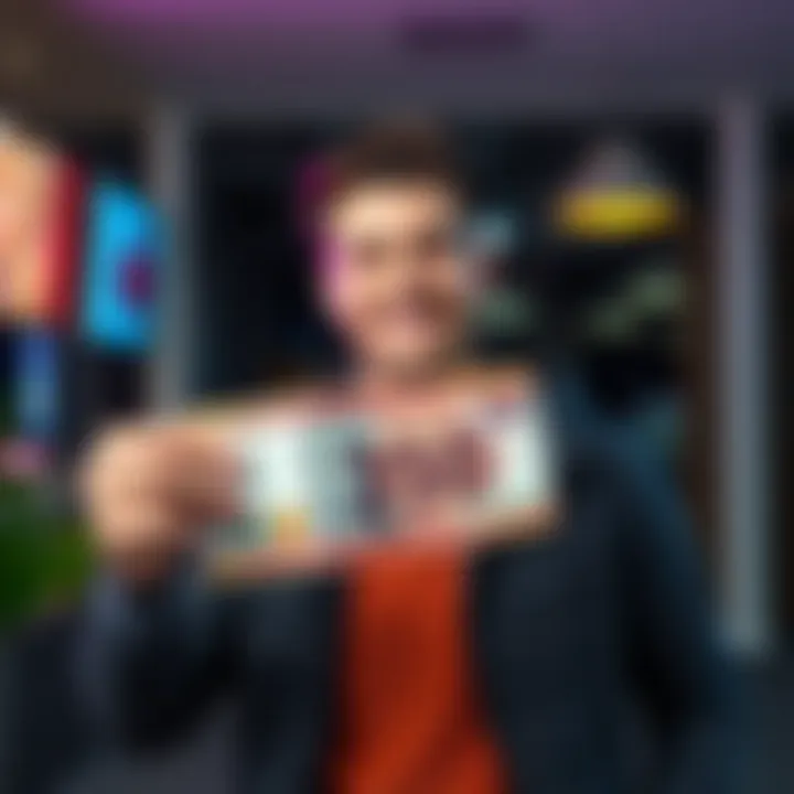 A man smiles while holding a 350 CAD bill, looking hopeful about early retirement.