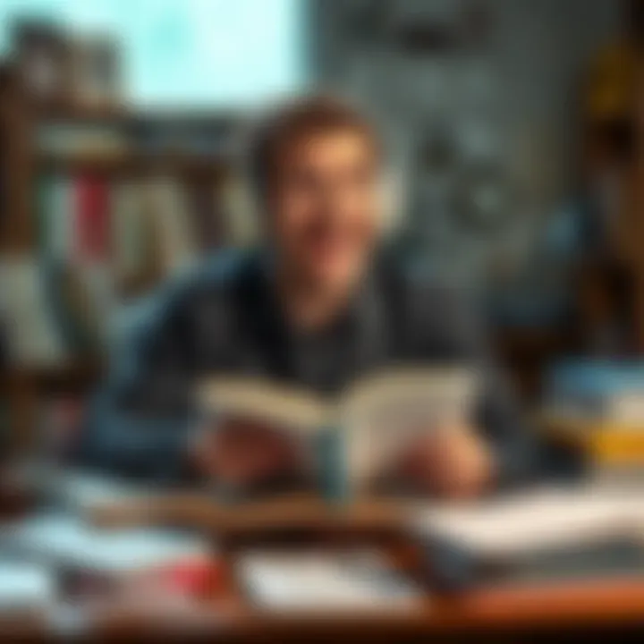 A man laughs and looks confused while listening to an audiobook, surrounded by books and notes on a desk.