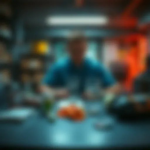 A man sits at a table with supplements, water, and snacks, preparing for a 48-hour work shift.