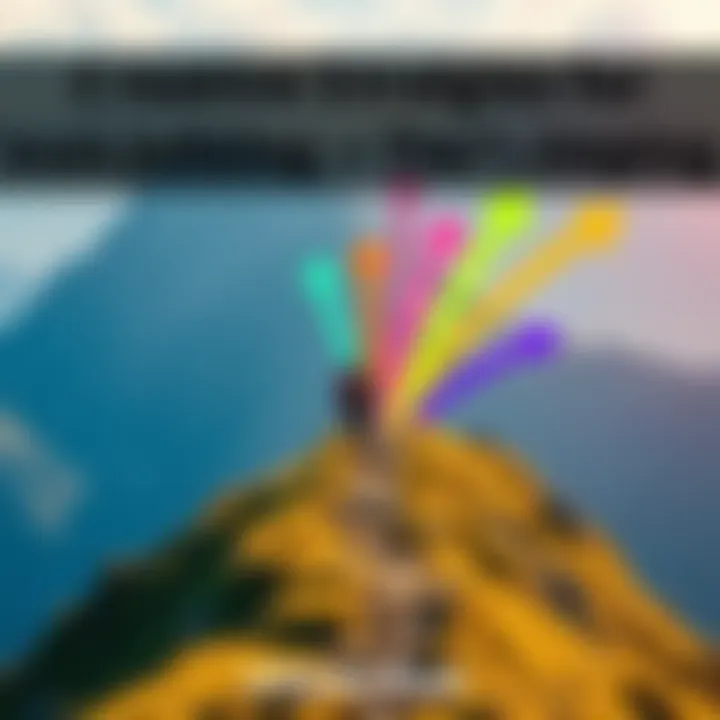 A person walking down a mountain trail, visualizing tier jumping with colorful arrows and playful shapes around them