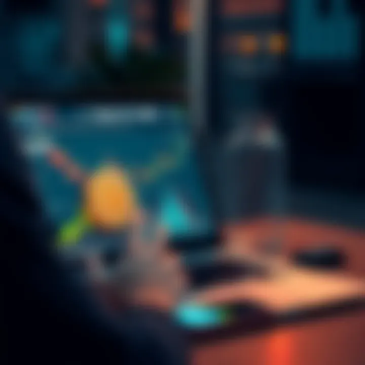 A person using a laptop to manage cryptocurrency transactions safely, with coins and graphs displayed on the screen.