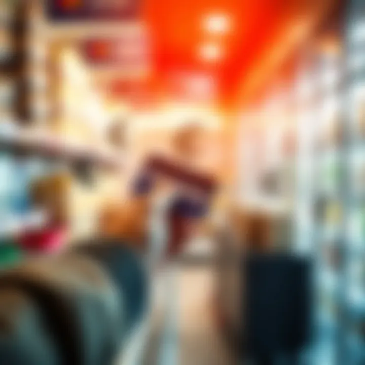 A person using a debit card at a store while multiple currency symbols are shown around them
