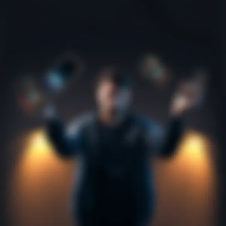 A person juggling several smartphone devices representing multiple accounts