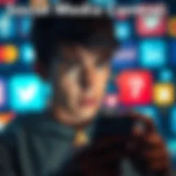 A person looking at their phone with social media icons in the background, appearing thoughtful and slightly stressed about their online presence.