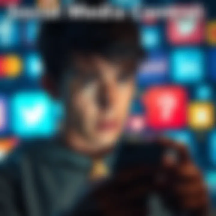 A person looking at their phone with social media icons in the background, appearing thoughtful and slightly stressed about their online presence.