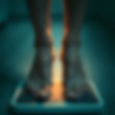 Close-up of a man's feet resting on a scale, showing a thoughtful expression on his face as he reflects on body image issues.