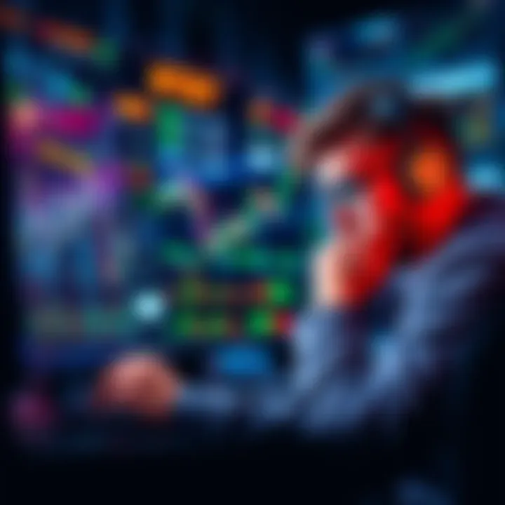 A frustrated trader looking at charts on a computer screen, showing high transaction fees and dropped transactions, with a focus on crypto trading platforms.