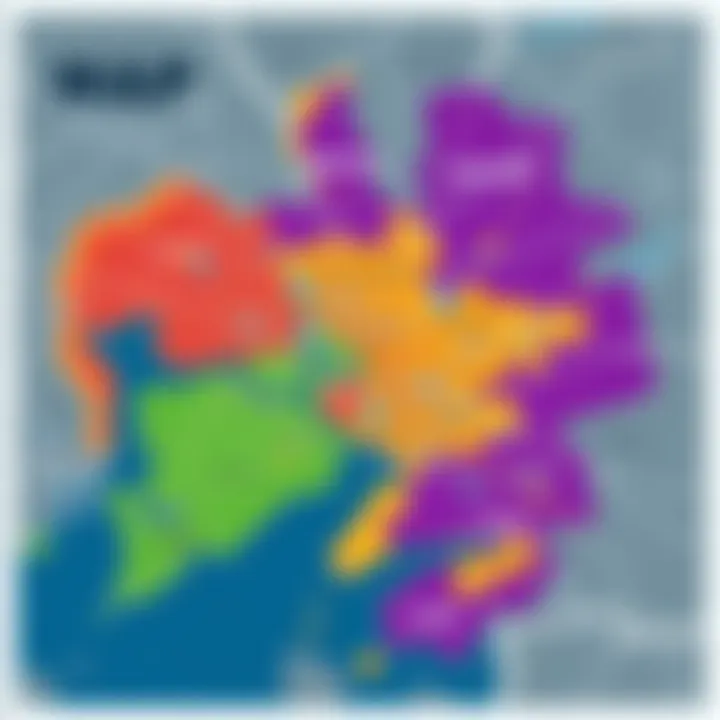 Map with badge area borders A detailed map highlighting badge area borders in various colors, illustrating city-defined zones and specific borders.
