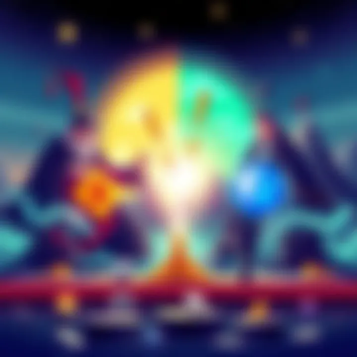 Illustration comparing Marinade and Jito for staking SOL with visuals representing stability and higher rewards, including symbols for finance and crypto.