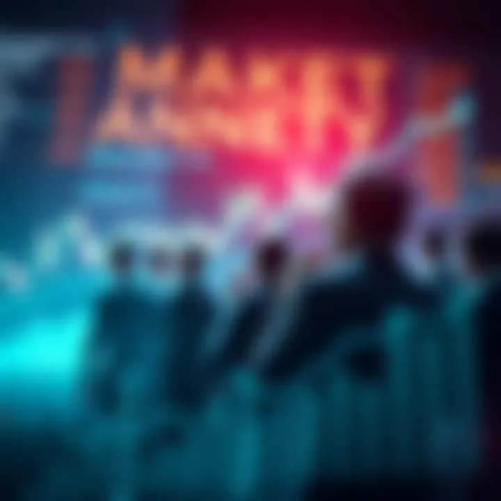 Graphic depicting a downward trend with financial graphs and worried investors