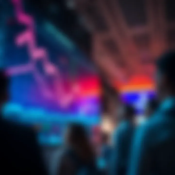 A stock market chart showing a downward trend with arrows indicating potential further declines. People are looking concerned while watching the display.