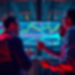 Investors discussing strategies during a market dip, showing charts and graphs on a screen.