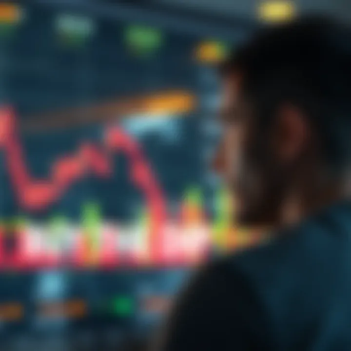 A person looking at a stock chart with a downward trend, contemplating a buying decision during a market dip.