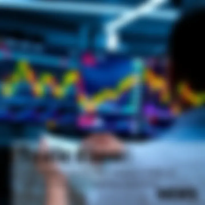 A trader looking at fluctuating market charts on a screen, highlighting the effects of liquidity and information flow on trading outcomes.
