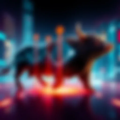 A graphic showing a bull and bear representing market trends, with arrows indicating buying and selling actions during market fluctuations.