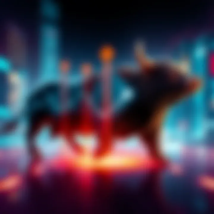 A graphic showing a bull and bear representing market trends, with arrows indicating buying and selling actions during market fluctuations.