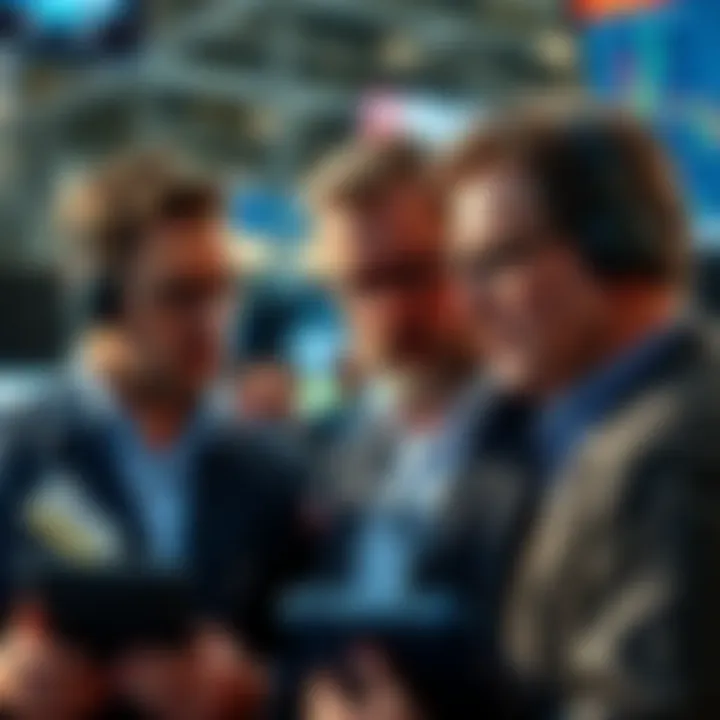 Traders discussing market trends as prices rise, showing expressions of skepticism and concern.