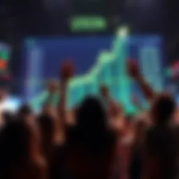 A group of people celebrating and looking at a digital screen showing a rising stock market trend, symbolizing hope for a bullish future.