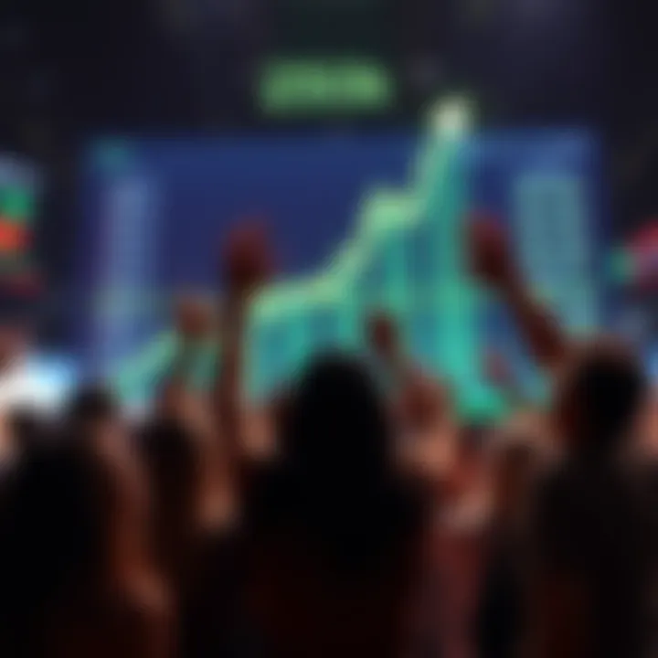 A group of people celebrating and looking at a digital screen showing a rising stock market trend, symbolizing hope for a bullish future.