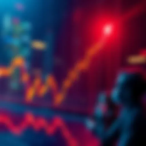A downward trend line on a stock market graph with worried people looking at it