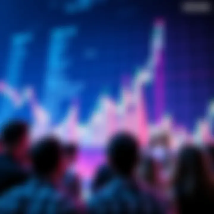 A stock market chart showing a rising trend with shocked individuals looking up at the spikes, depicting surprise at the market's behavior.