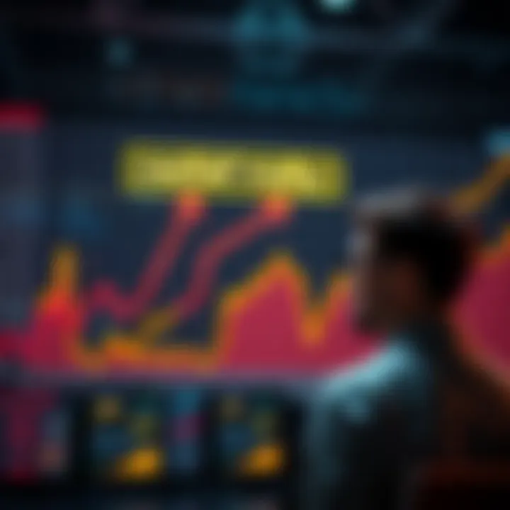 A chart showing a rising trend in market value labeled as 'relief rally,' with arrows indicating upward movement and a concerned investor observing the fluctuations.