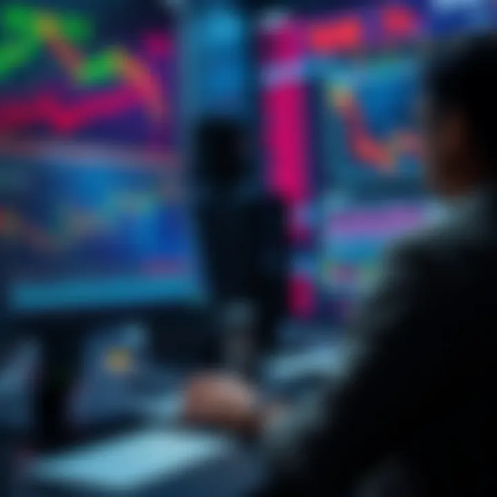 A person analyzing stock charts on a computer, surrounded by financial reports showing market fluctuations and profits.