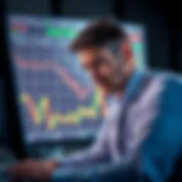 A market analyst looking worried while examining a fluctuating stock chart on a computer screen, representing financial uncertainty.