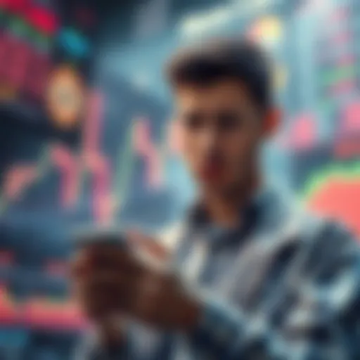 A person looking worried while checking stock prices on a phone, with a stock market graph showing a decline in the background.