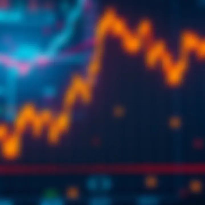 A graph showing a downward trend against an upward trend background of the stock market