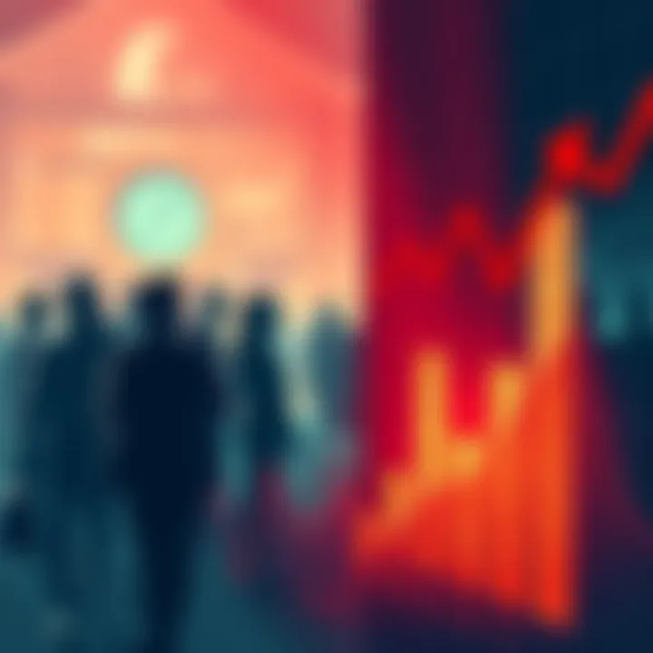 An illustration of a downward trend in a financial chart with worried people in the background, symbolizing market instability and economic challenges ahead.