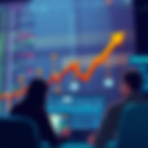 Graph showing a declining trend in financial markets with downward arrows and worried investors looking at charts.