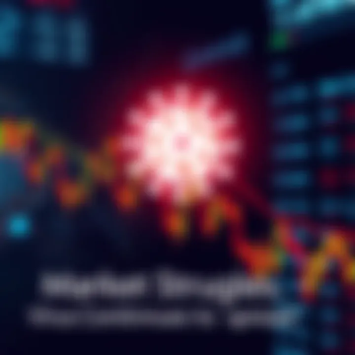 A stock market graph showing a downward trend with a virus symbol overlay