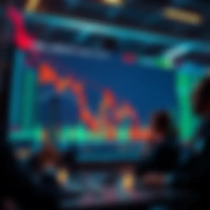 A stock market chart showing a significant decline, with red arrows indicating a drop in prices and worried investors looking at screens.
