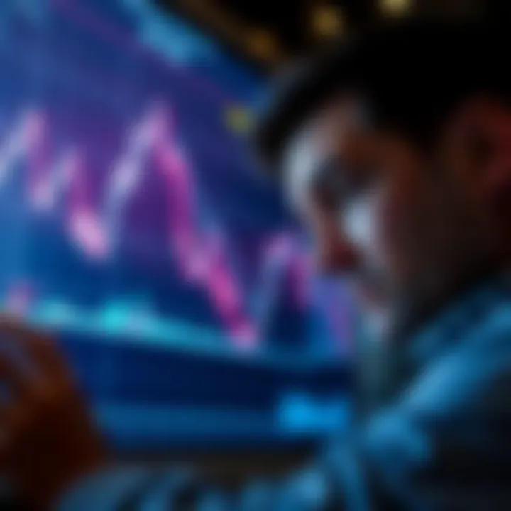 A financial chart showing a downward trend with a worried investor looking at the screen.