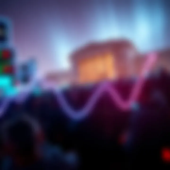 Line graph showing a downward trend in financial markets with a concerned crowd in the background