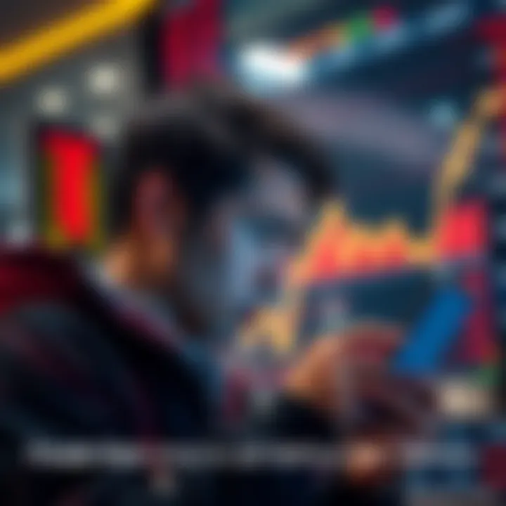 A person looking worried while checking stock prices on their phone, with a declining graph in the background.