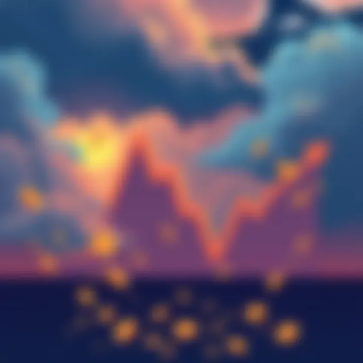 A graph showing a downward trend in market performance, symbolizing Dumptober with cloudy skies and falling coins.