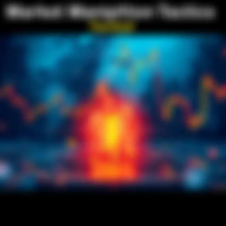 Illustration showing financial charts with conflicting trends and symbols of deception in trading, highlighting tactics used in market manipulation.