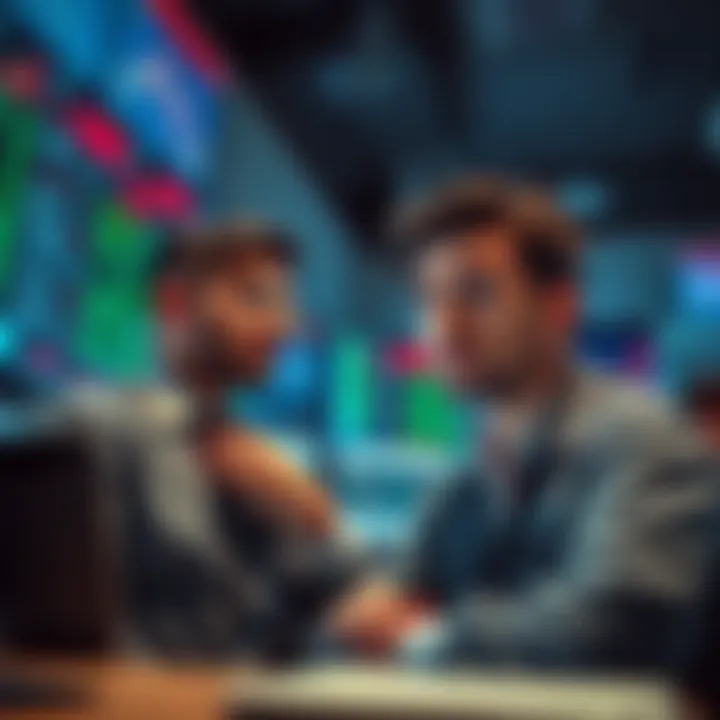 Investors looking worried as stock charts drop dramatically in a trading room.