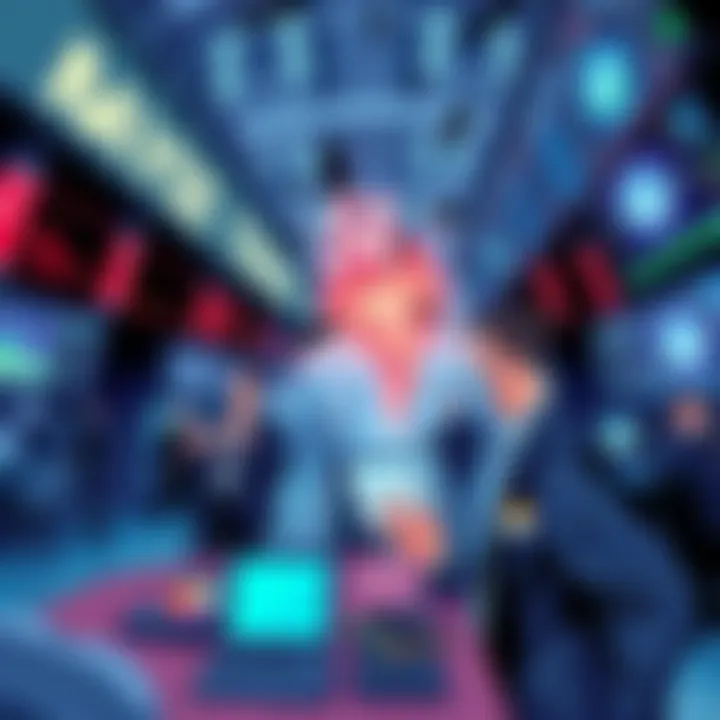 Market Panic Illustration A chaotic stock market scene with worried traders looking at falling graphs and screens, symbolizing fear and opportunity.