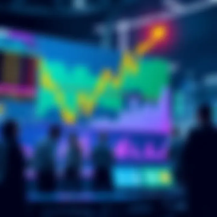 A stock market graph showing a sharp upward trend, indicating a rally in token prices after a buy-back announcement, with people discussing around a digital display of token information.